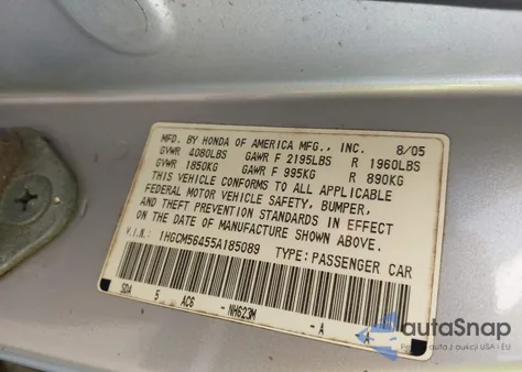 2005 Honda Accord 2.4 Lx from USA, damaged, VIN 1HGCM56455A185089